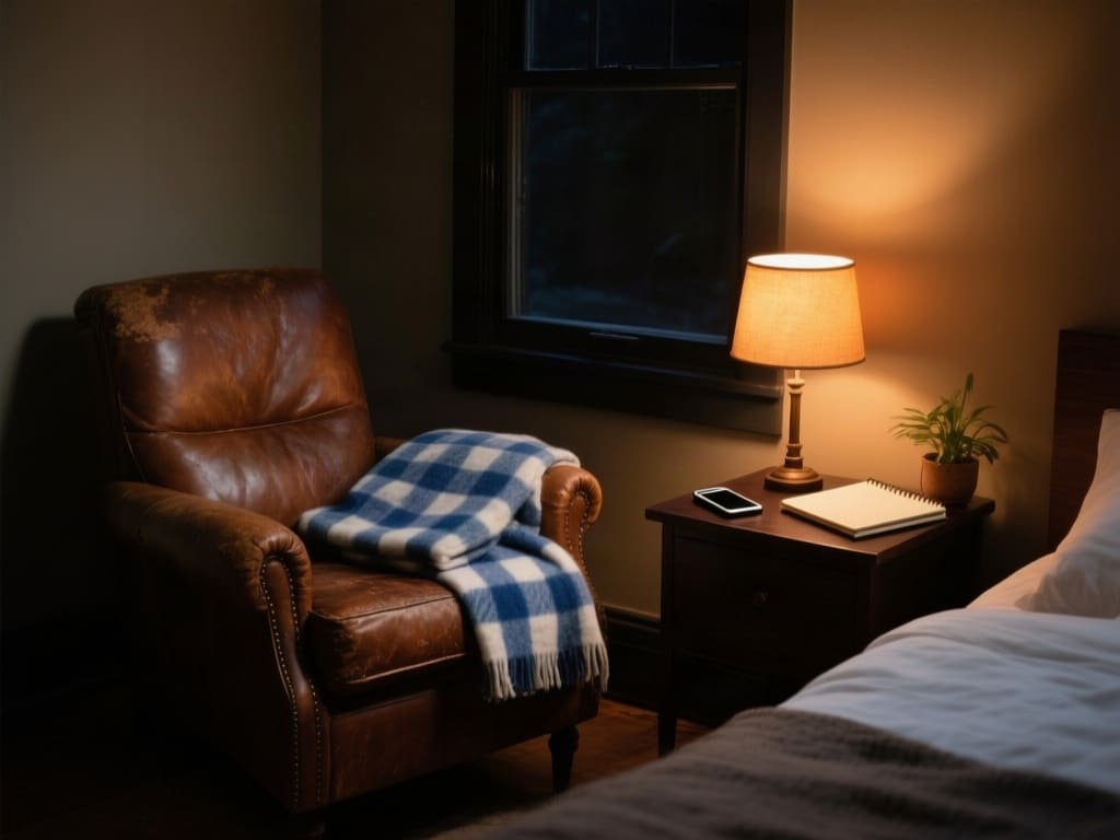 Photorealistic quiet corner of a cozy bedroom at night with nobody in frame: a worn brown leather armchair beside a dark