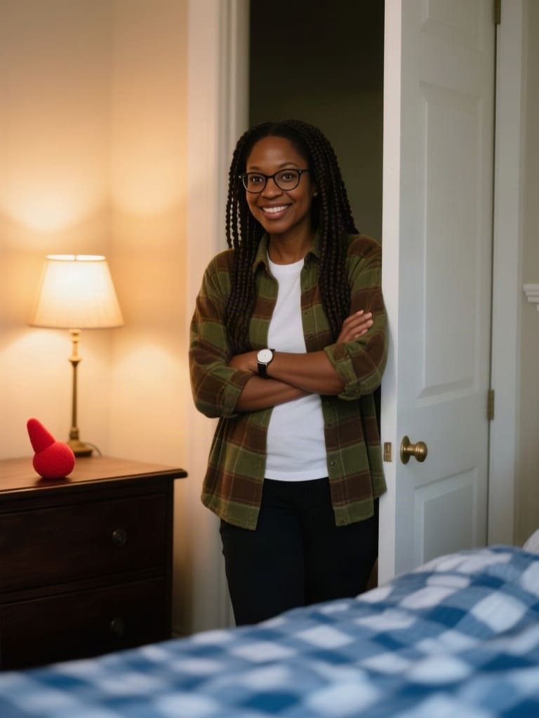 Photorealistic candid documentary photo in the same cozy bedroom on a later evening in warm table-lamp light, of the sam