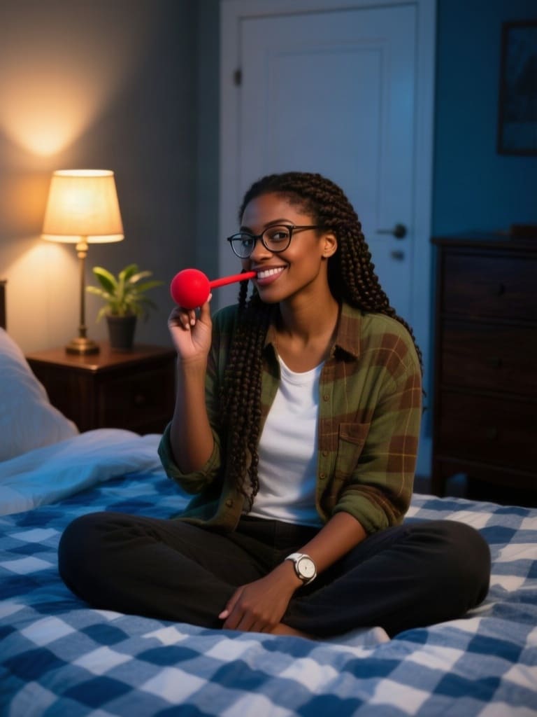 Photorealistic, slightly hyperreal social-media style medium shot at night in a cozy bedroom lit by a warm glowing table